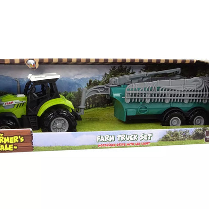 Žalias traktorius su purkštuvu ir ūkinio garso efektais