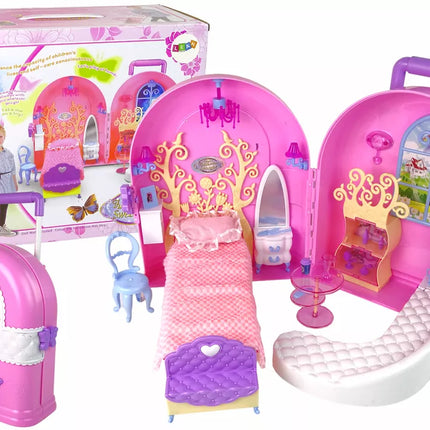 Sulankstomas didelis lėlių namelio lagaminas su baldeliais