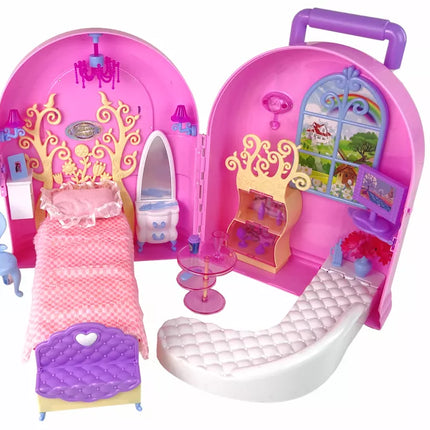 Sulankstomas didelis lėlių namelio lagaminas su baldeliais