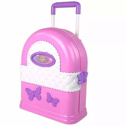 Sulankstomas didelis lėlių namelio lagaminas su baldeliais