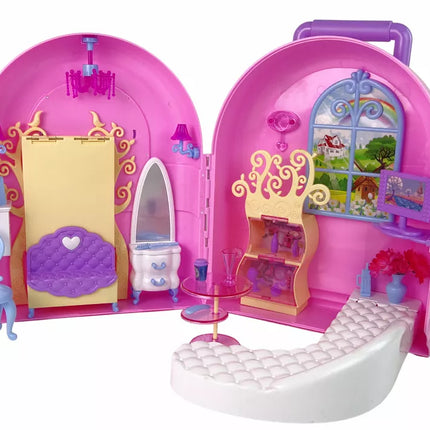 Sulankstomas didelis lėlių namelio lagaminas su baldeliais