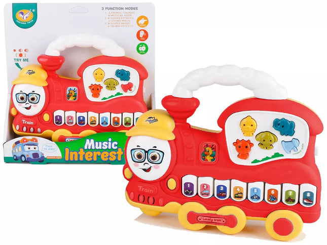 Interaktyvus pianinas-lokomotyvas, gyvūnų garsai, transporto priemonės garsai, melodijos, raudonas