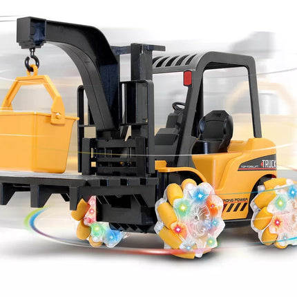 Nuotoliniu būdu valdomas krautuvas 360 laipsnių kampu besisukantys švytintys ratai