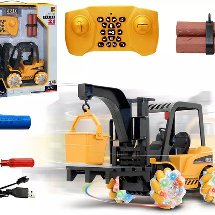 Nuotoliniu būdu valdomas krautuvas 360 laipsnių kampu besisukantys švytintys ratai