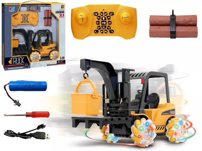 Nuotoliniu būdu valdomas krautuvas 360 laipsnių kampu besisukantys švytintys ratai