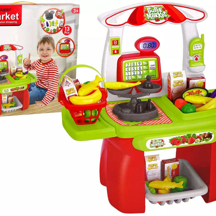 Prekių rinkinys iš parduotuvės: krepšelis, svarstyklės, maisto produktai