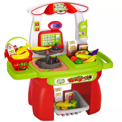 Prekių rinkinys iš parduotuvės: krepšelis, svarstyklės, maisto produktai