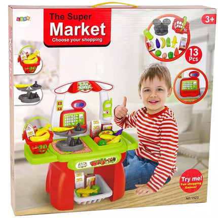 Prekių rinkinys iš parduotuvės: krepšelis, svarstyklės, maisto produktai