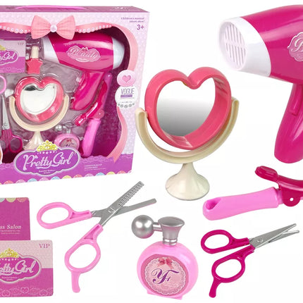 Grožio rinkinys mažai panelei. Kirpyklos reikmenys + plaukų džiovintuvas su baterijomis.