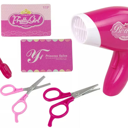 Grožio rinkinys mažai panelei. Kirpyklos reikmenys + plaukų džiovintuvas su baterijomis.