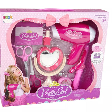 Grožio rinkinys mažai panelei. Kirpyklos reikmenys + plaukų džiovintuvas su baterijomis.