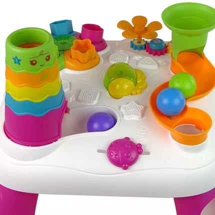 Interaktyvus edukacinis staliukas kamuoliukų rūšiuoklis čiuožykla rožinis