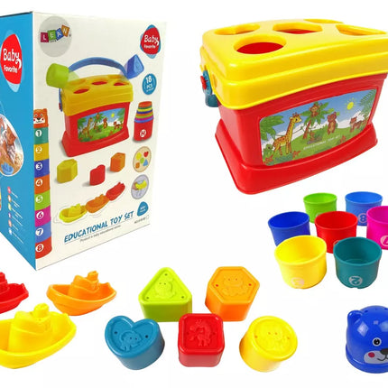 Edukacinis kibirėlių bokštas-piramidė, laivelis ir rūšiuoklis maudynėms