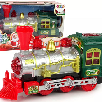 Kalėdinis lokomotyvas su žibintais ir garsu, žalias, veikia su baterijomis