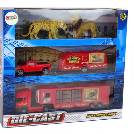 Cirko gyvūnų transporto priemonių rinkinys. Cirko gyvūnų sunkvežimis + automobilis su priekaba