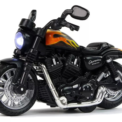 Čempiono Motociklas Juodas 1:14 su atstūmimo mechanizmu, garsu ir šviesomis