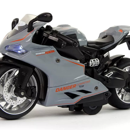 Pilkas 1:12 sportinis motociklas su atitraukimo funkcija, garsais ir šviesomis
