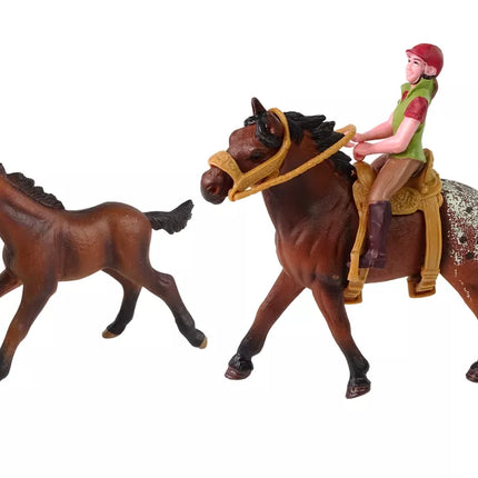2 figūrėlių rinkinys: kumeliukas ir žirgas aptvare + raitelis