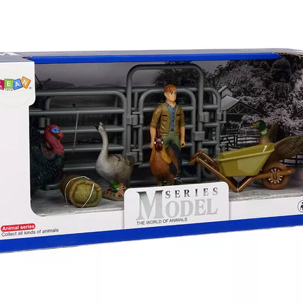 Didelis ūkio gyvūnų figūrėlių rinkinys Ūkininkas su karučiu ir ūkio kiemas 11 vnt.