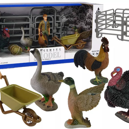 Didelis ūkio gyvūnų figūrėlių rinkinys Ūkininkas su karučiu ir ūkio kiemas 11 vnt.