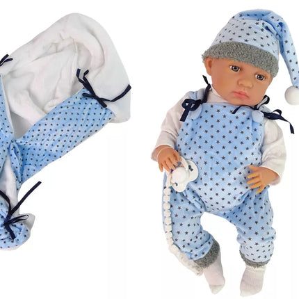 Lėlė kūdikis 46 cm mėlyna čiulptuko žvaigždės antklodė