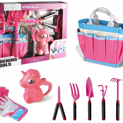 Sodo rinkinio krepšys, įrankiai, pirštinės, grėbliai, rožinis vienaragis