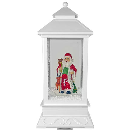 Kalėdinė dekoracija žibintas su Kalėdų Seneliu ir baltu automobiliu, giedamos giesmės