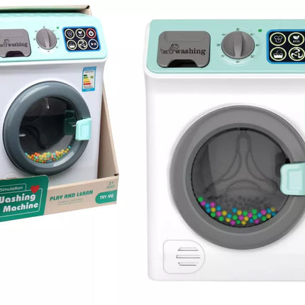Skalbimo mašina su baterijų garsais, atidaromu būgnu ir spalvotais kamuoliukais