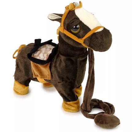 Interaktyvus arkliuko talismanas, rudas arklys, ryškūs karčiai, muzika