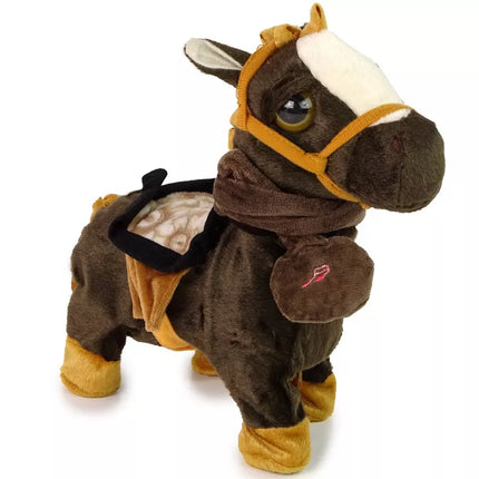 Interaktyvus arkliuko talismanas, rudas arklys, ryškūs karčiai, muzika