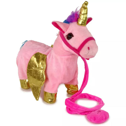 Interaktyvus arkliukas-maskotas rožinis su auksiniais sparnais, grojantis muziką