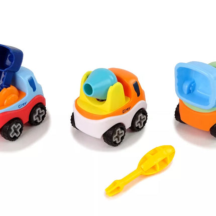 3 surenkamų statybinių automobilių rinkinys + Atsuktuvas Betono maišyklė Kranas Savivartis