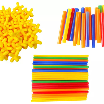 Statybinių blokelių, konstravimo lazdelių ir šiaudelių rinkinys