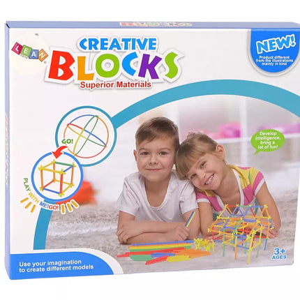 Statybinių blokelių, konstravimo lazdelių ir šiaudelių rinkinys