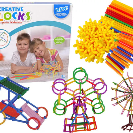 Statybinių blokelių, konstravimo lazdelių ir šiaudelių rinkinys