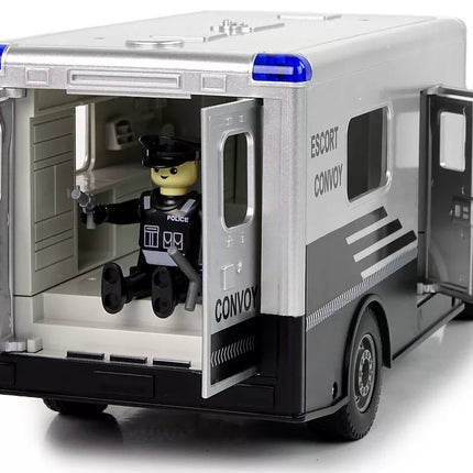 Nuotoliniu būdu valdoma apsaugos transporto priemonė 1:18 mastelio apsaugos kolonos banko automobilis + 2,4 GHz R/C