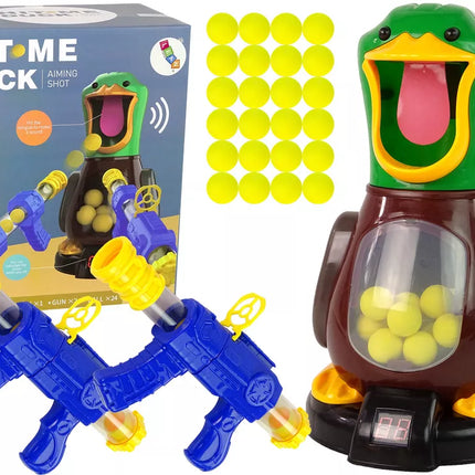 Šaudymo iš lanko žaidimas su ančių taikiniu, minkšti kamuoliukai ir garsai