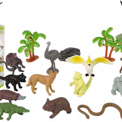 Australijos gyvūnų figūrėlės, 12 vnt. Priedai tūbelėje