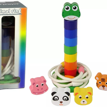 Medinis piramidės formos edukacinis žaislas-dėlionė su gyvūnais