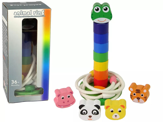 Medinis piramidės formos edukacinis žaislas-dėlionė su gyvūnais