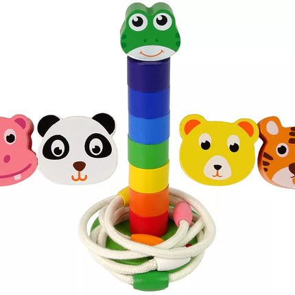 Medinis piramidės formos edukacinis žaislas-dėlionė su gyvūnais