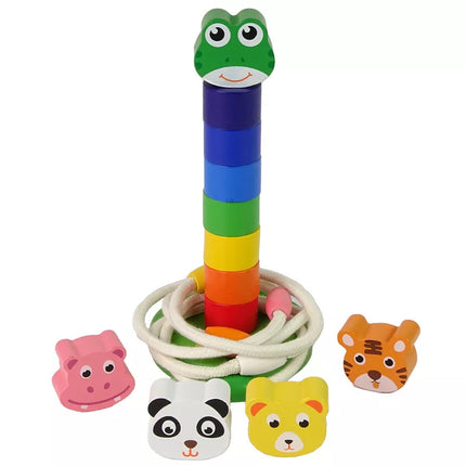 Medinis piramidės formos edukacinis žaislas-dėlionė su gyvūnais