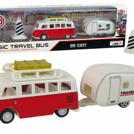 Raudonas autobusas su kemperio priekaba transporto priemonių rinkinys