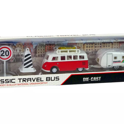 Raudonas autobusas su kemperio priekaba transporto priemonių rinkinys