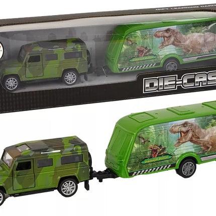 Jeep transporto priemonių rinkinys su traukiamu dinozaurų priekaba
