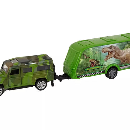 Jeep transporto priemonių rinkinys su traukiamu dinozaurų priekaba
