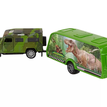 Jeep transporto priemonių rinkinys su traukiamu dinozaurų priekaba