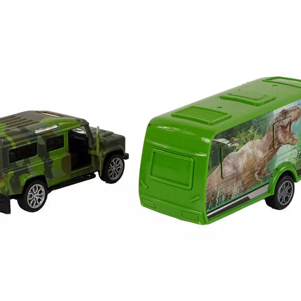 Jeep transporto priemonių rinkinys su traukiamu dinozaurų priekaba