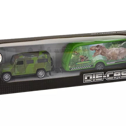 Jeep transporto priemonių rinkinys su traukiamu dinozaurų priekaba