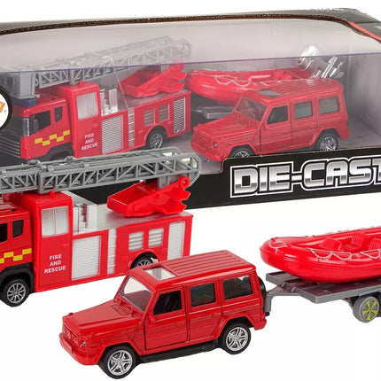 Gaisrinės brigados transporto priemonių rinkinys su traukiamuoju motorlaiviu Jeep Red